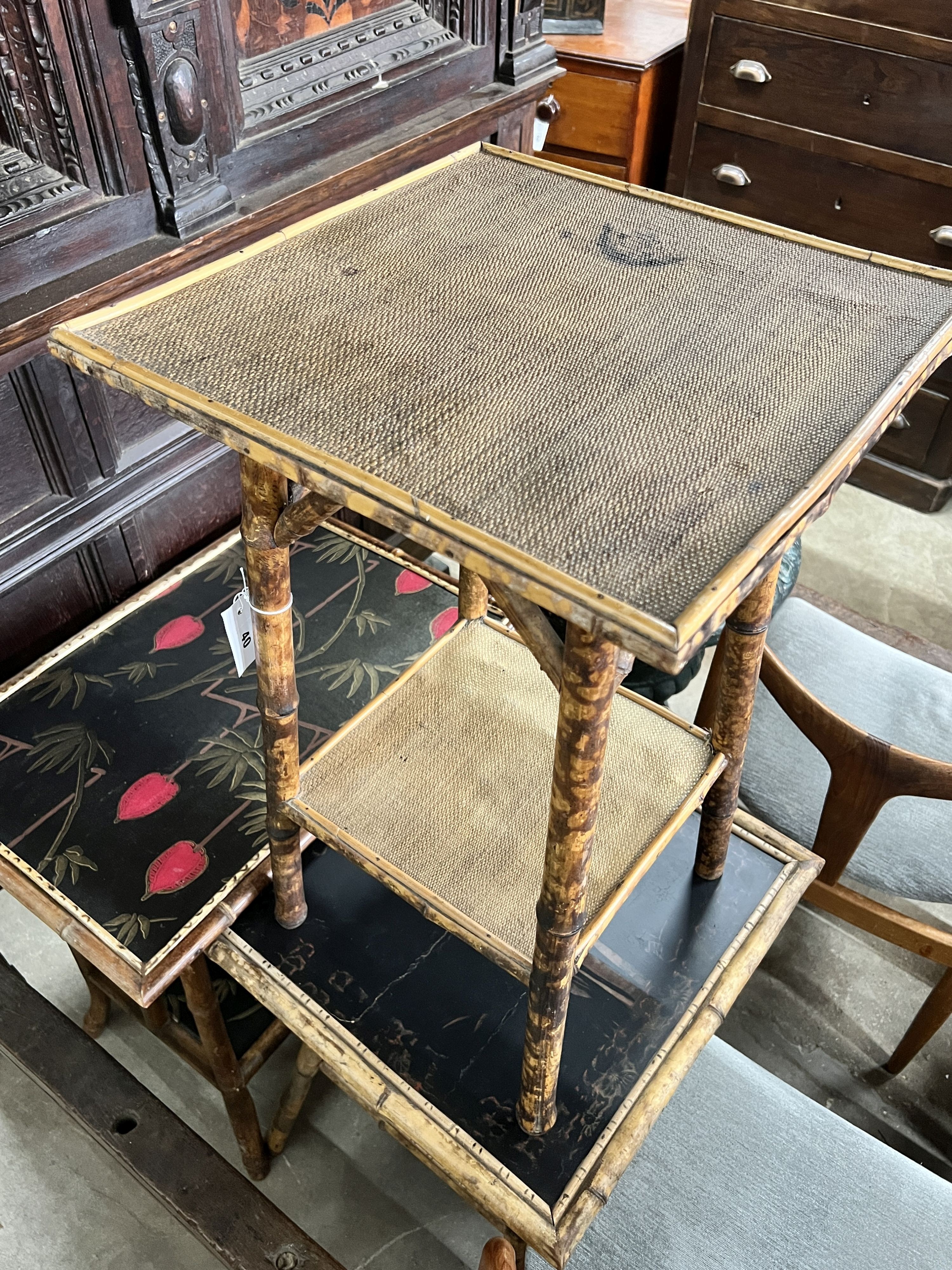 An Edwardian square lacquered bamboo two tier occasional table, width 50cm, height 70cm, a rectangular painted bamboo table and one other.